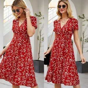 Boho floral print wrap knotted midi dress RED